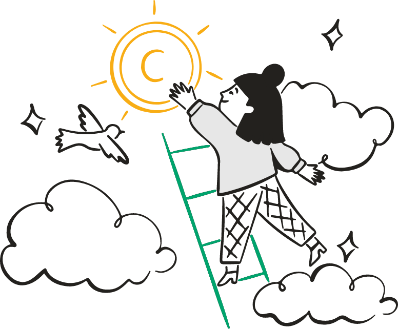 Frau klettert eine Leiter in den Himmel und greift nach einer leuchtenden Münze mit einem C